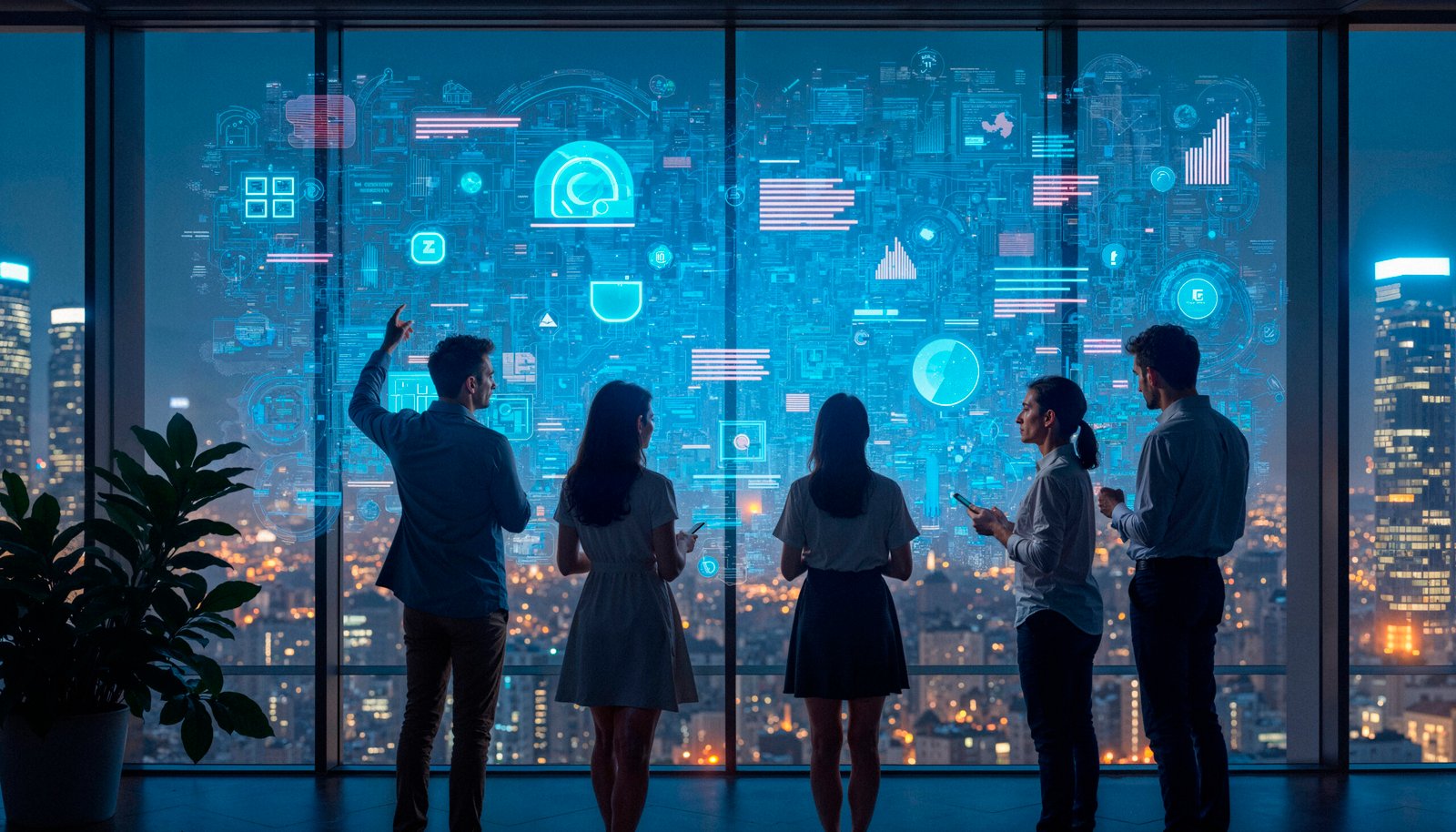 team looking futuristic digital interface office